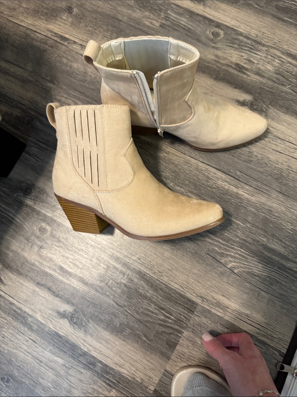 Beige Suede Block Heel Ankle Booties